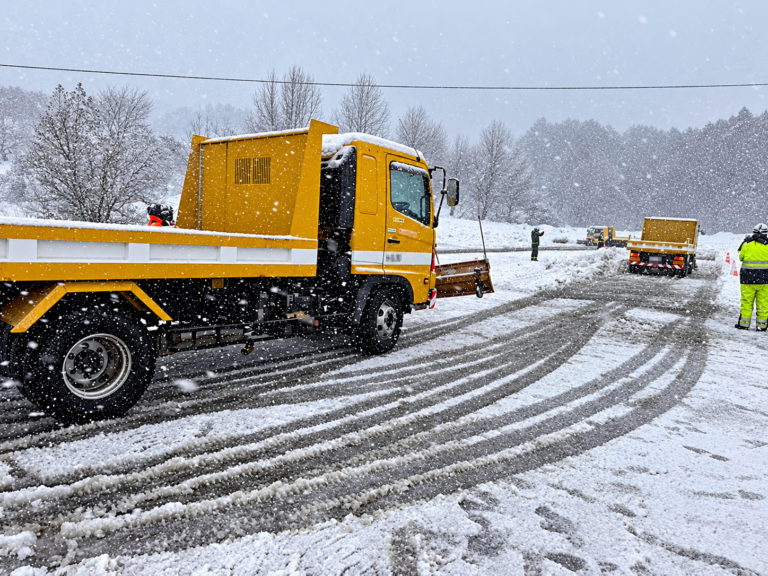 降雪時のスノープラウによる除雪作業。